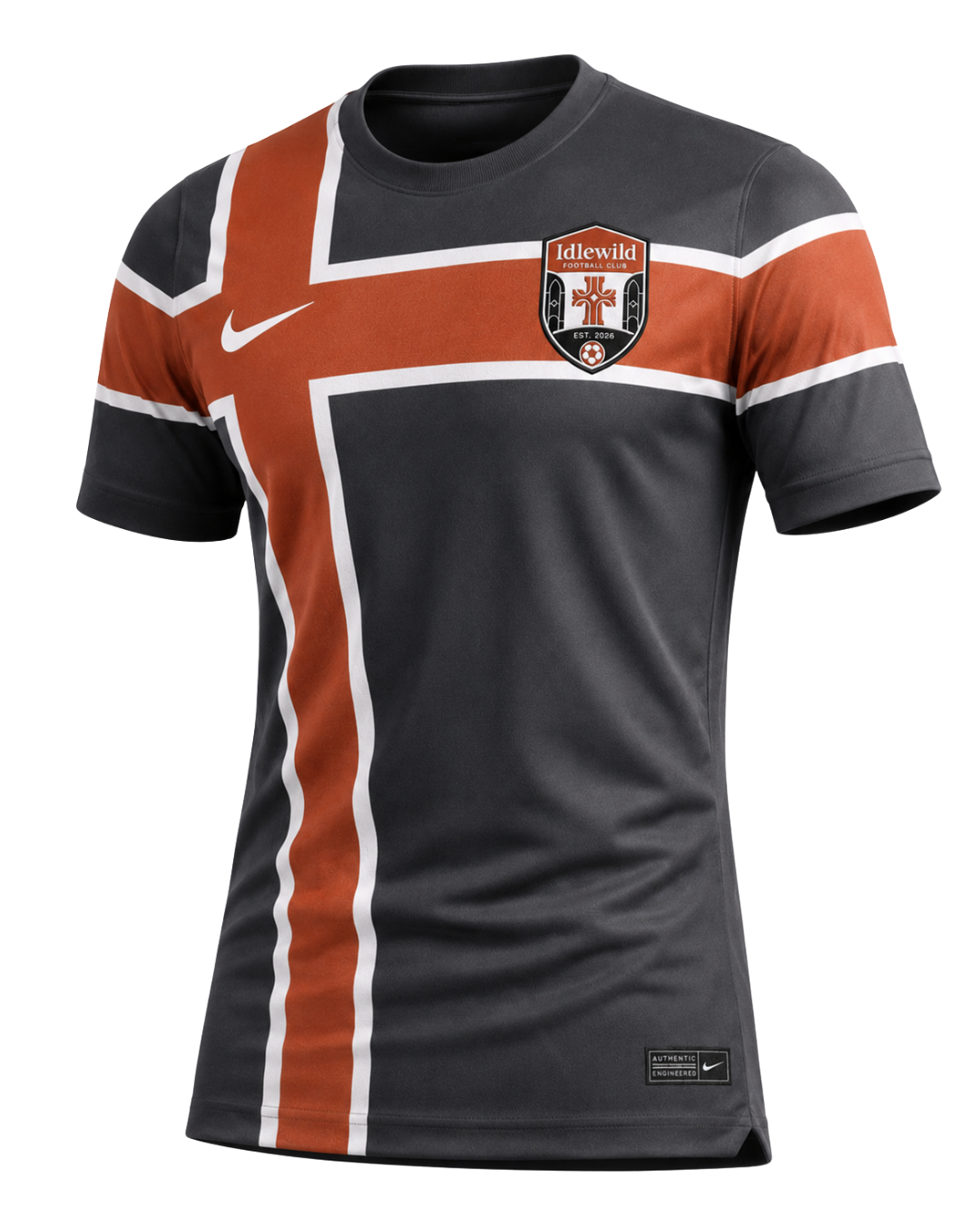 Idlewild FC 2026 third jersey — charcoal with orange cross and club crest