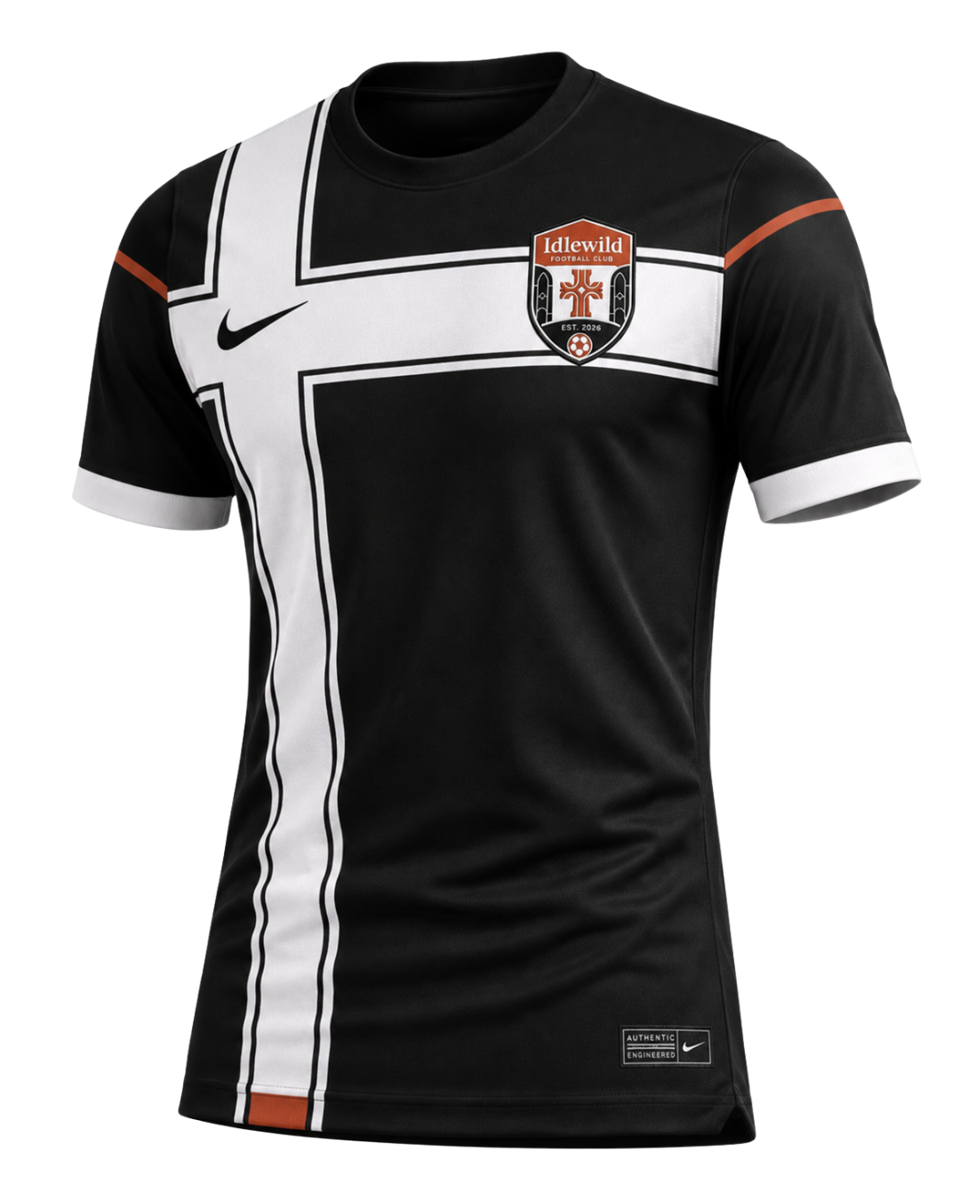 Idlewild FC 2026 home jersey — black with white cross and club crest