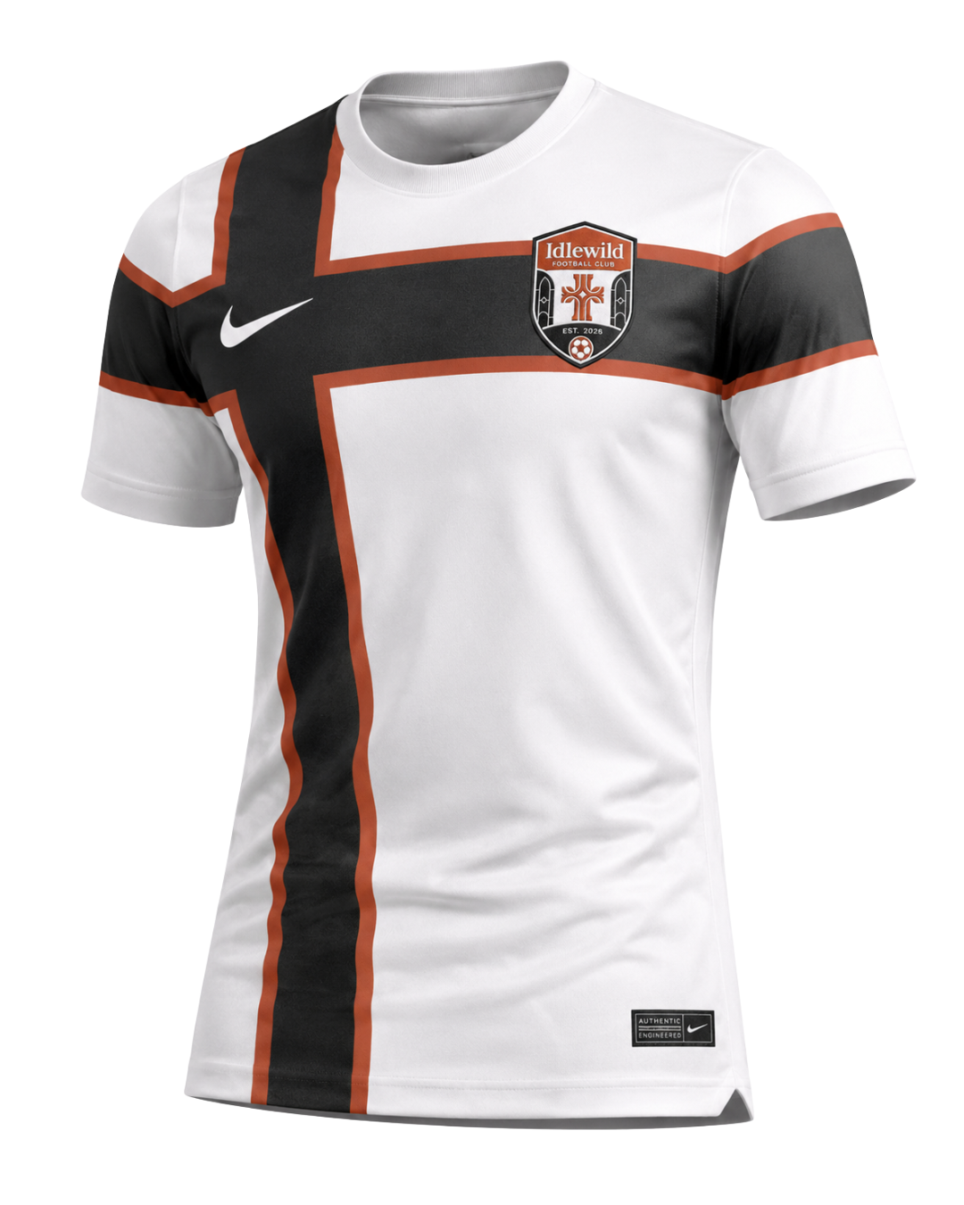 Idlewild FC 2026 away jersey — white with black cross and club crest